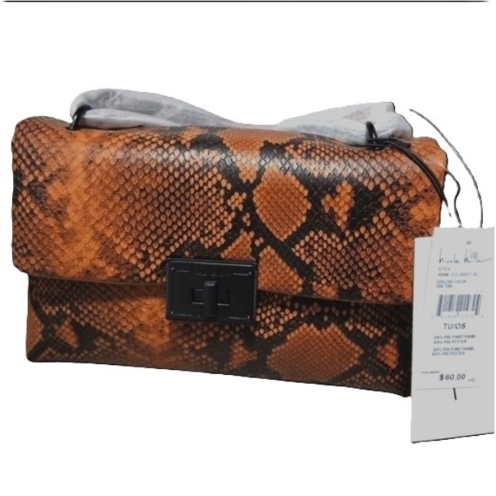 Nicole Miller New York Snakeskin Print Crossbody Bag Tan Black HBNM-323-00027-82